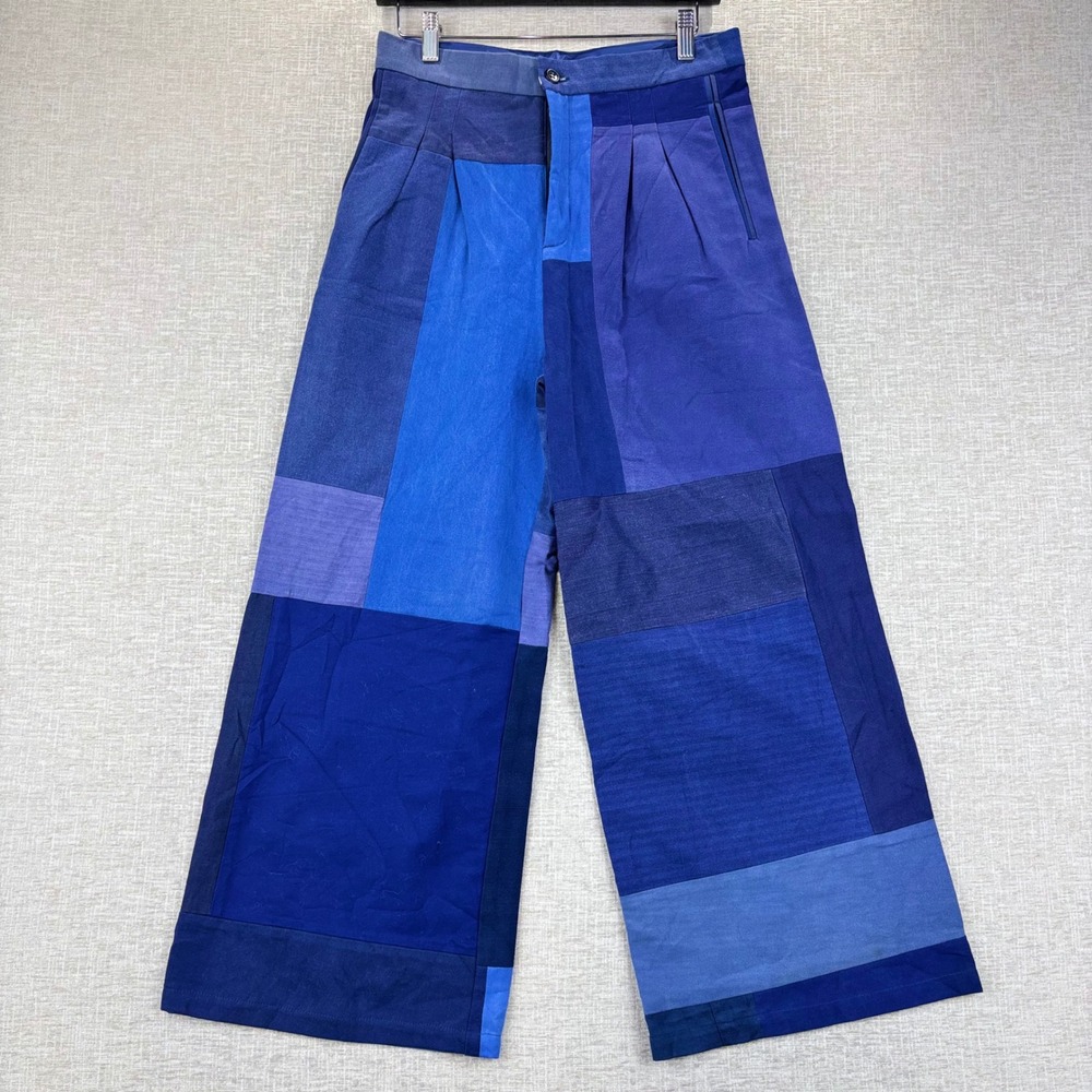 Rodebjer Mina Workwear Patchwork Pants Womens Small Blue Wide Leg
